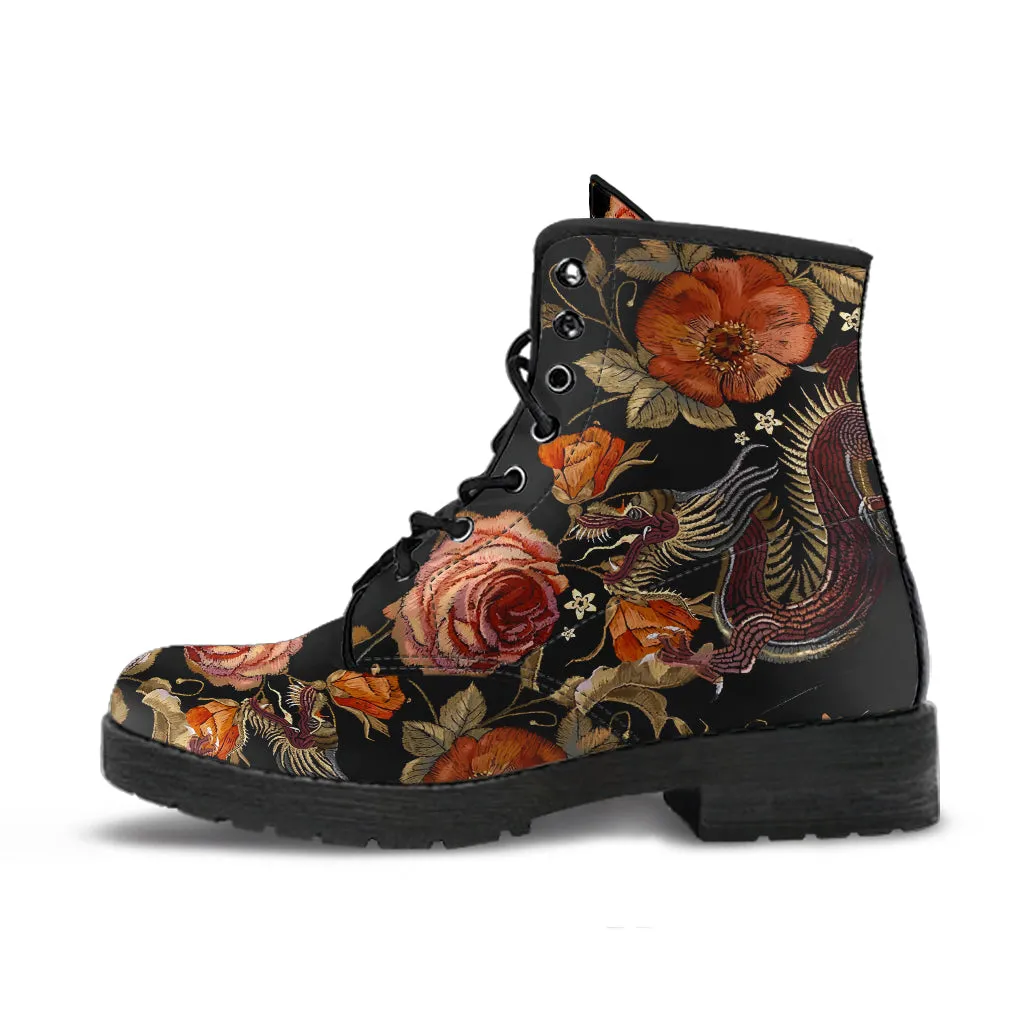 Two Chinese Dragons with Rose Flowers Women's Vegan Leather Boots