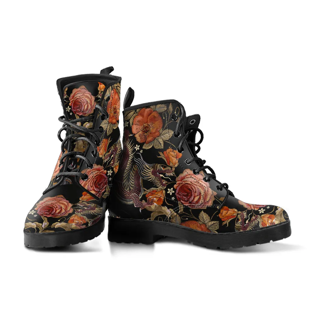 Two Chinese Dragons with Rose Flowers Women's Vegan Leather Boots