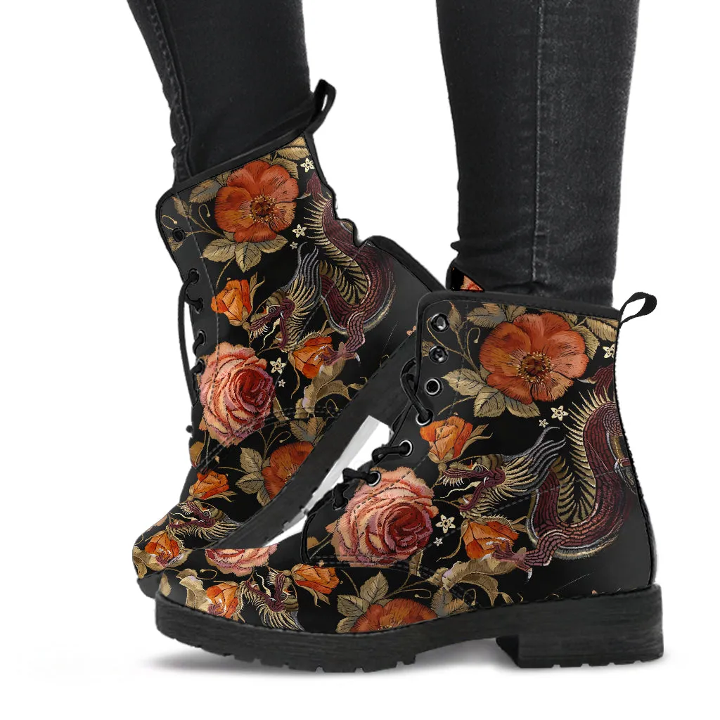 Two Chinese Dragons with Rose Flowers Women's Vegan Leather Boots