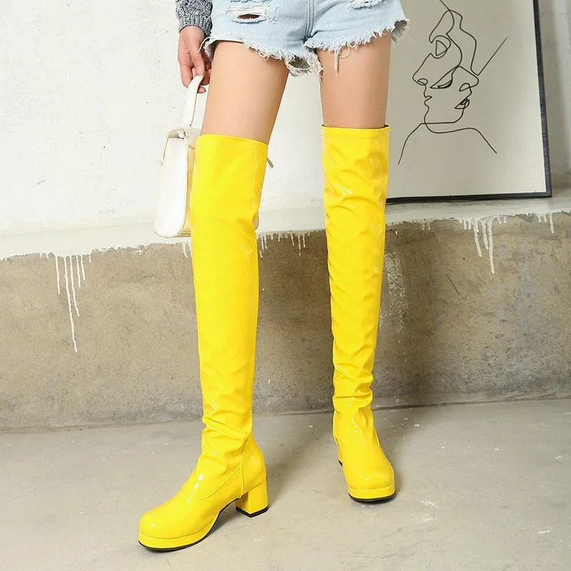 Women chunky heel platform solid color over the knee high boots