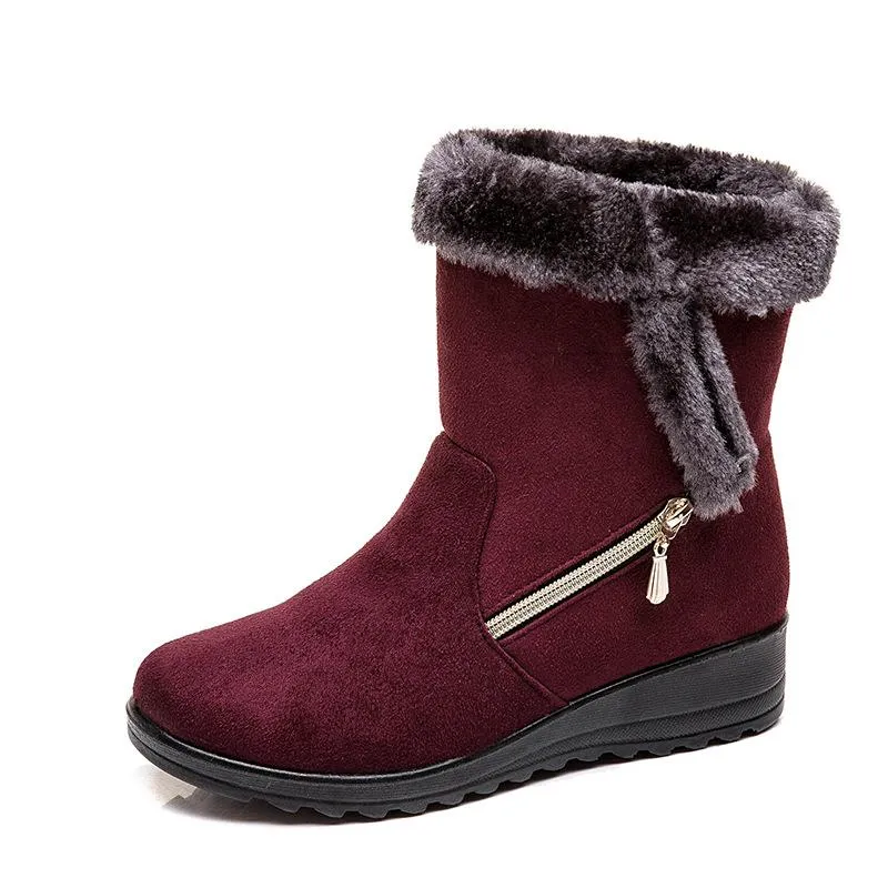 Women flat heel side zipper faux fur short winter snow boots