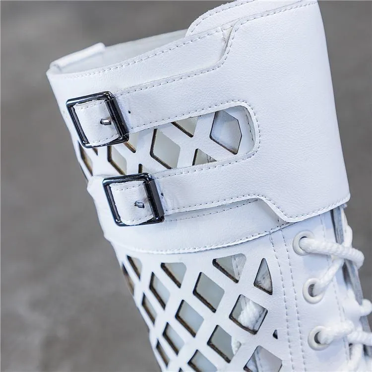 Women mid calf zipper hollow lace up chunky platform boots