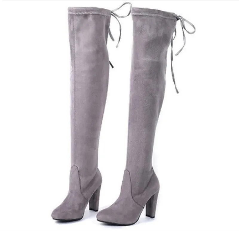 Women over the knee boots suede chunky heel lace up boots