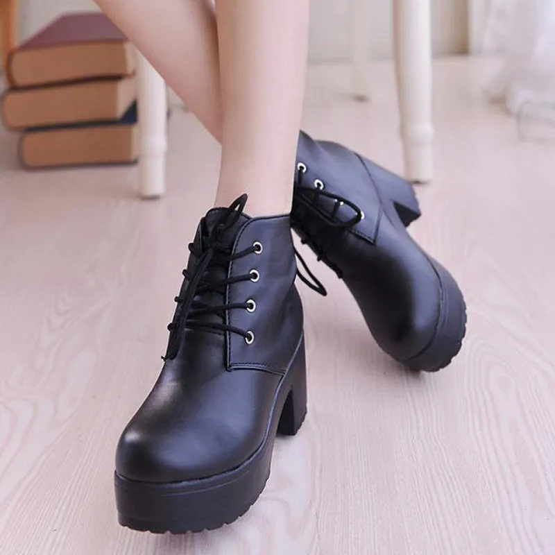 Women platform boots high heel lace up ankle boots