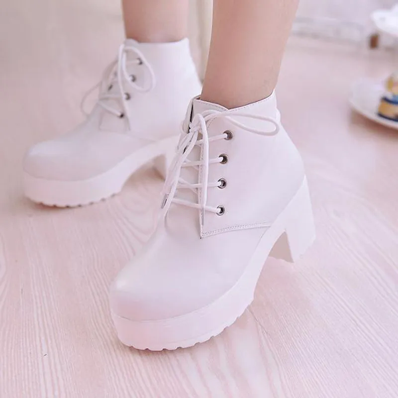 Women platform boots high heel lace up ankle boots
