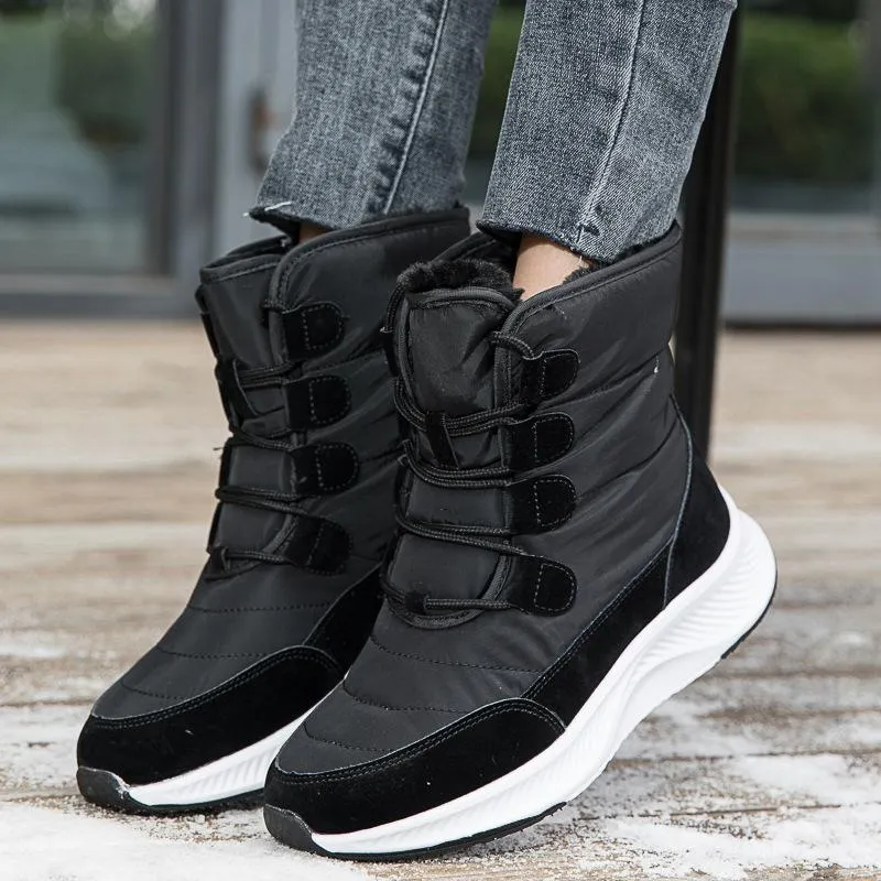 Women winter faux fur lace up high cut platform snow boots