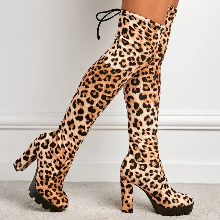 Women's black leopard slimming chunky high heels platform over the knee boots