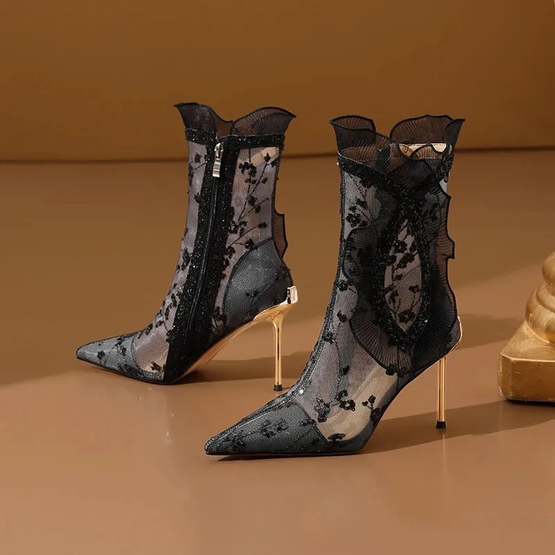 Women's Sequin Flower Lace High Heel Pumps Shoes