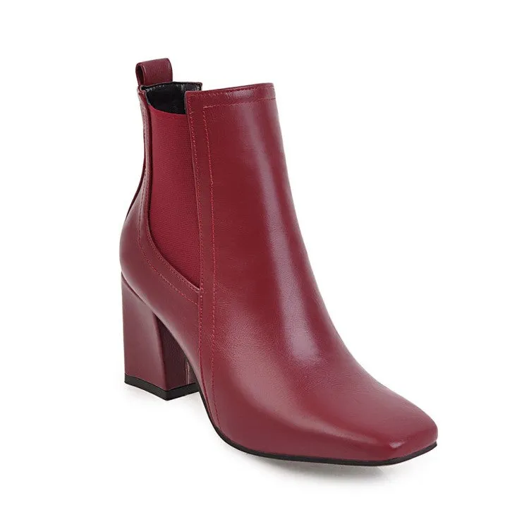 Women's Square Toe Stitching Patchwork Block Heel Short Boots