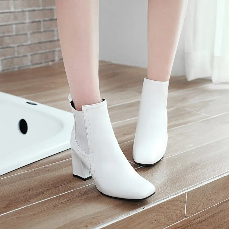Women's Square Toe Stitching Patchwork Block Heel Short Boots