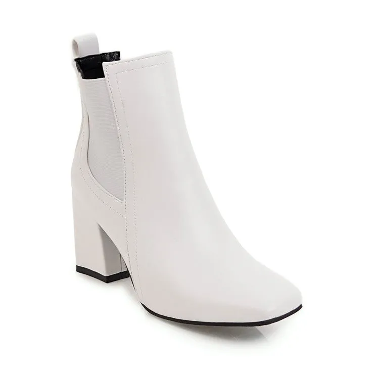 Women's Square Toe Stitching Patchwork Block Heel Short Boots