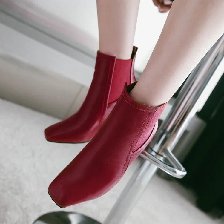 Women's Square Toe Stitching Patchwork Block Heel Short Boots