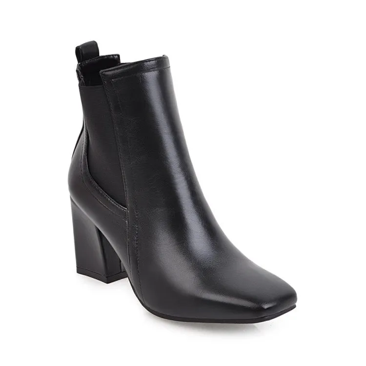Women's Square Toe Stitching Patchwork Block Heel Short Boots