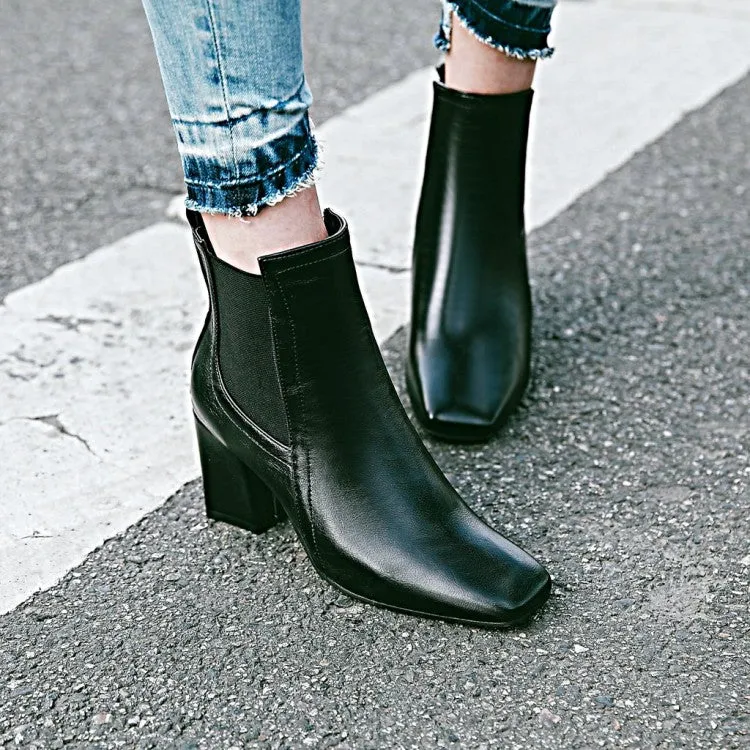 Women's Square Toe Stitching Patchwork Block Heel Short Boots