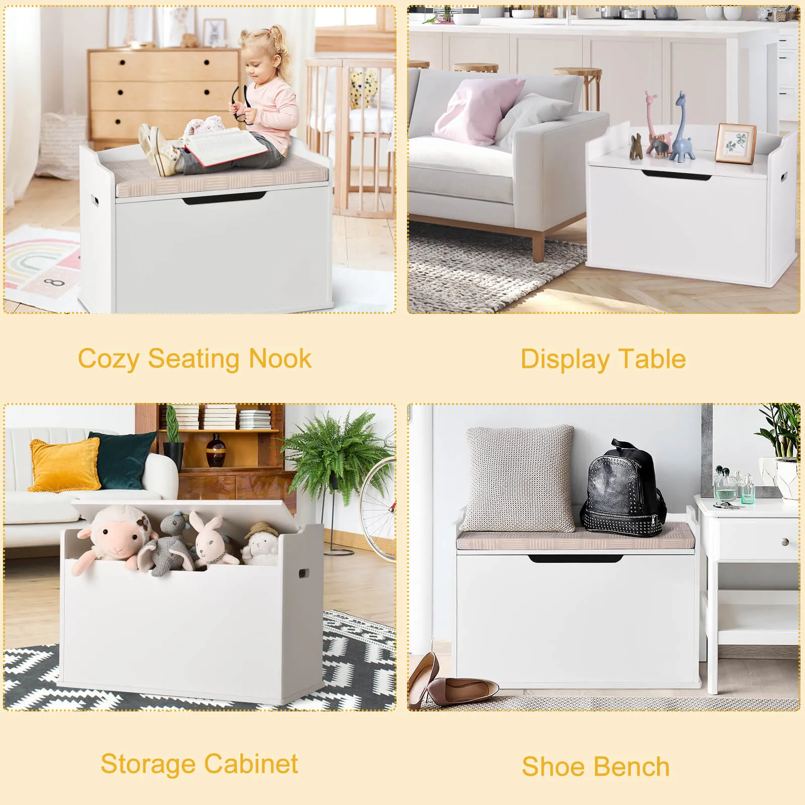 Wooden Kids Toy Box and Bench with Cushion and Handles-White